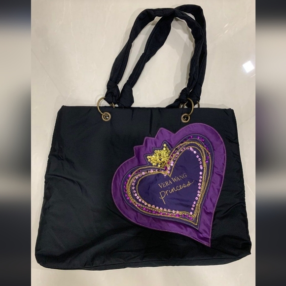 PRINCESS VERA WANG Y2K PURPLE HEART SEQUIN TIARA BLACK TOTE BAG PURSE - Picture 2 of 2